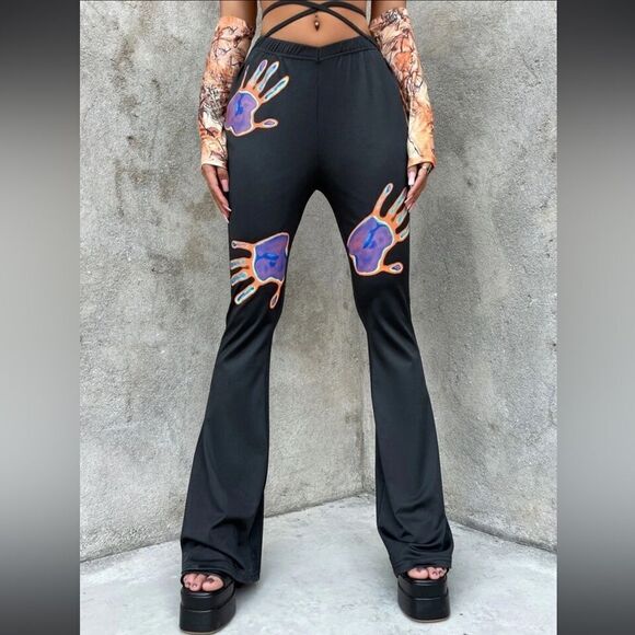 90s Low Rise Handprint Print Crisscross Tie Back Flare Leg Pants Size Medium - Picture 3 of 11